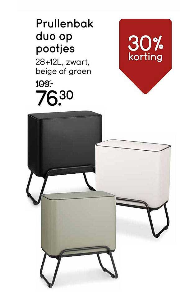 Prullenbak duo op pootjes 28+12L, zwart, beige of groen