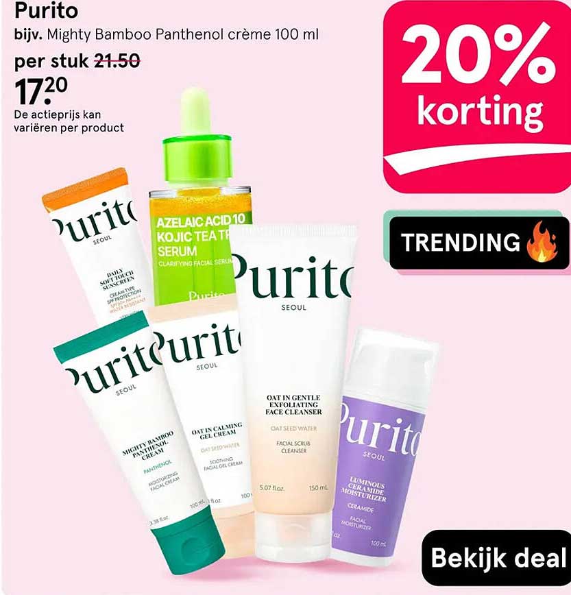 Purito, bijv. Mighty Bamboo Panthenol crème 100 ml 20% korting
