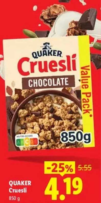 Quaker Cruesli Chocolate Value Pack 850 g -25%