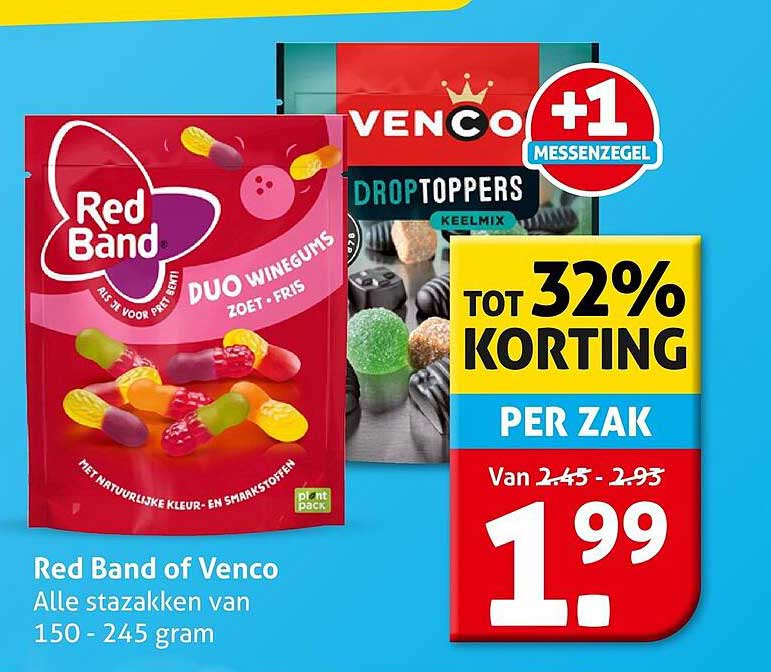 Red Band of Venco Alle stazakken van 150 - 245 gram TOT 32% KORTING PER ZAK