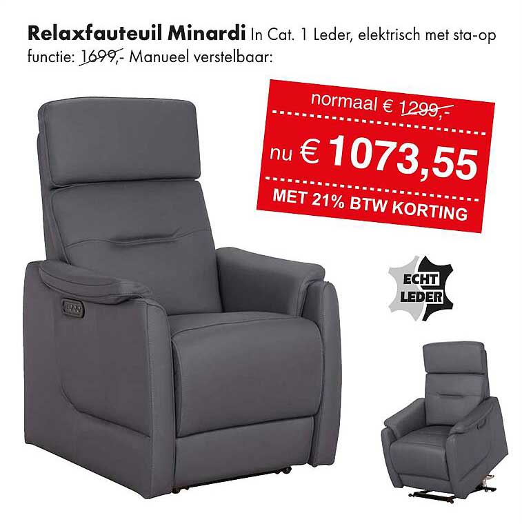 Relaxfauteuil Minardi In Cat. 1 Leder, elektrisch met sta-op functie: Manueel verstelbaar