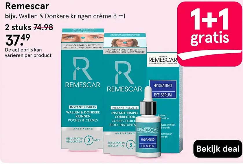 Remescar, bijv. Wallen & Donkere kringen crème 8 ml 1+1 gratis