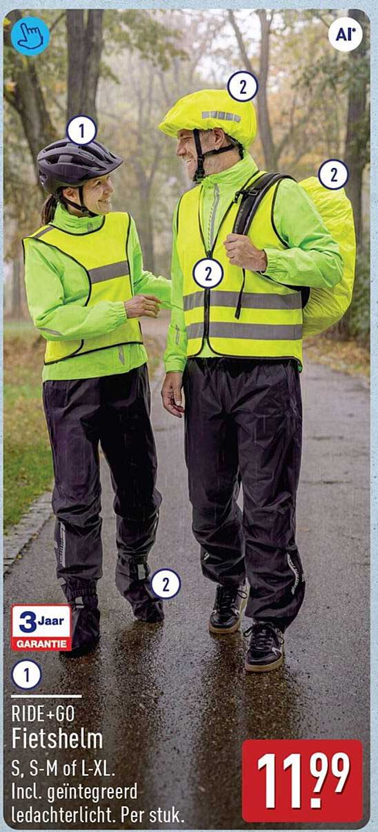 RIDE+GO Fietshelm S, S-M of L-XL. Incl. geïntegreerd ledachterlicht. Per stuk.