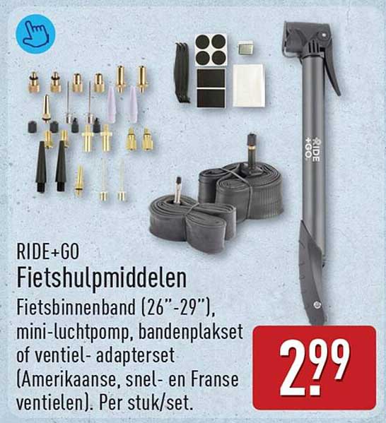 RIDE+GO Fietshulpmiddelen Fietsbinnenband (26”-29”), mini-luchtpomp, bandenplakset of ventiel-adaptersset (Amerikaanse, snel- en Franse ventielen). Per stuk/set.