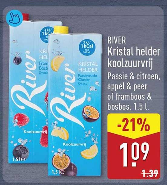 RIVER Kristal helder koolzuurvrij Passie & citroen, appel & peer of framboos & bosbes. 1,5 l. -21%