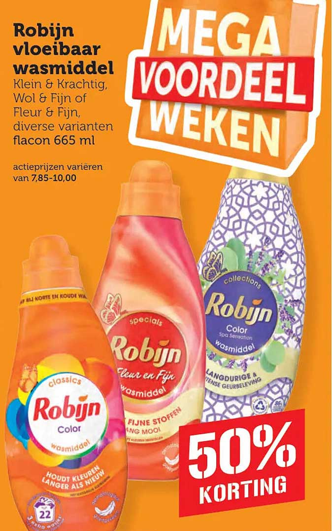 Robijn vloeibaar wasmiddel, Klein & Krachtig, Wol & Fijn of Fleur & Fijn, diverse varianten, flacon 665 ml 50% korting