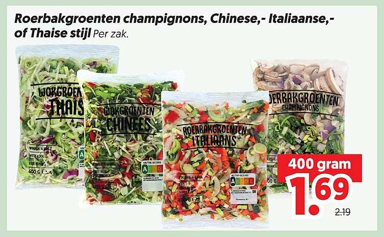 Roerbakgroenten champignons, Chinese,- Italiaanse,- of Thaise stijl Per zak.