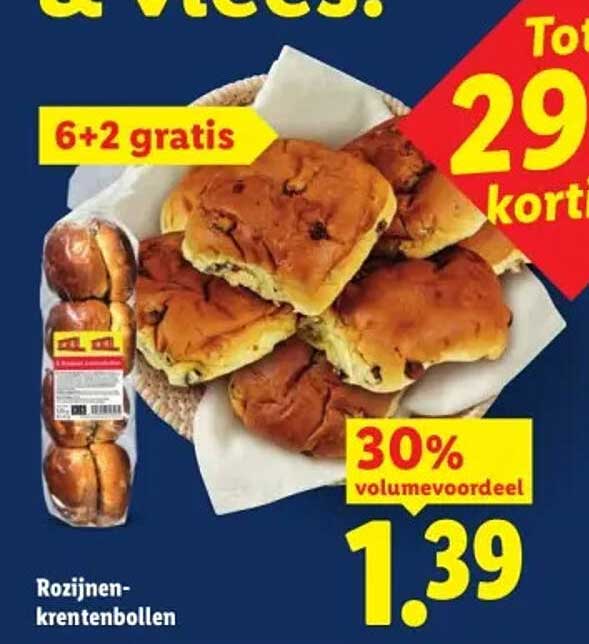 Rozijnen-kruidenbollen 6+2 gratis 30% volumevoordeel