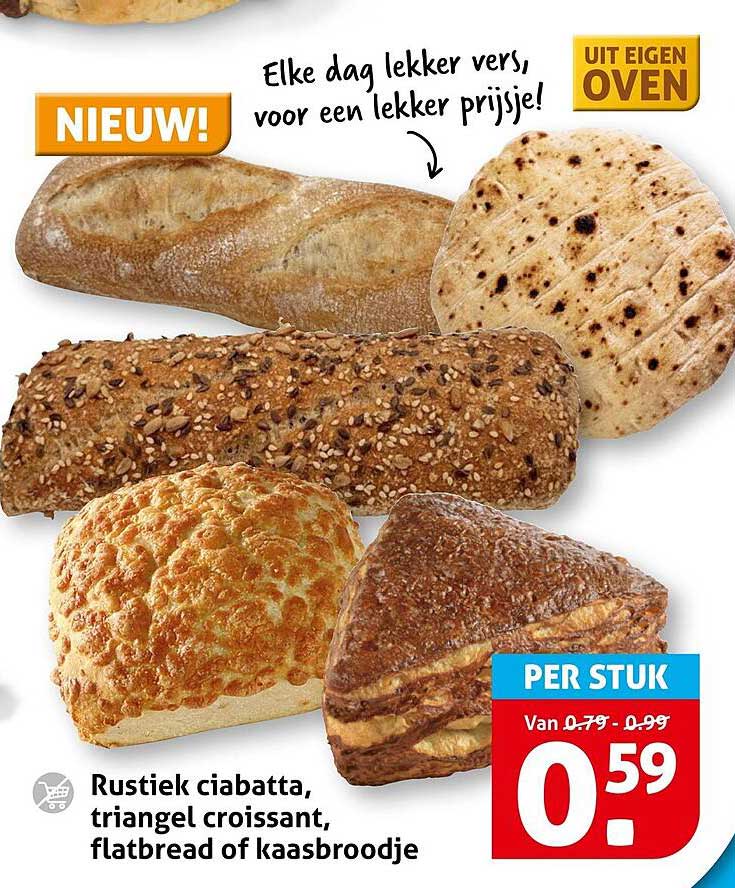 Rustiek ciabatta, triangel croissant, flatbread of kaasbroodje PER STUK