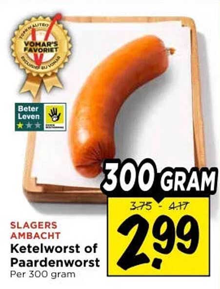 Slagers ambacht Ketelworst of Paardenworst Per 300 gram