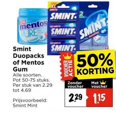 Smint Duopacks of Mentos Gum 50% KORTING