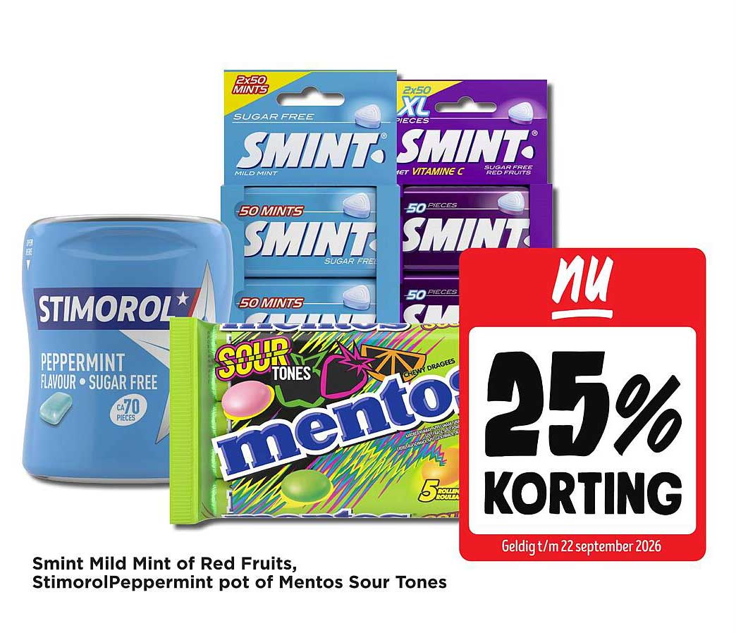 Smint Mild Mint of Red Fruits, Stimorol Peppermint pot of Mentos Sour Tones 25% korting