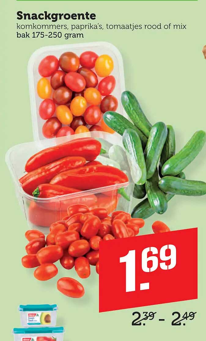 Snackgroente komkommers, paprika’s, tomaatjes rood of mix bak 175-250 gram