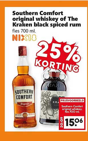 Southern Comfort original whiskey of The Kraken black spiced rum fles 700 ml. 25% KORTING