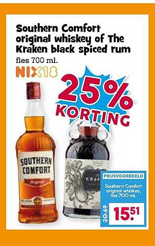 Southern Comfort original whiskey of The Kraken black spiced rum fles 700 ml. NIX18 25% KORTING