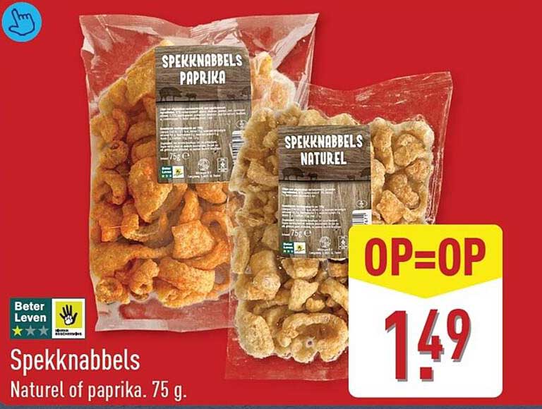 Spekknabbels Naturel of paprika. 75 g. OP=OP