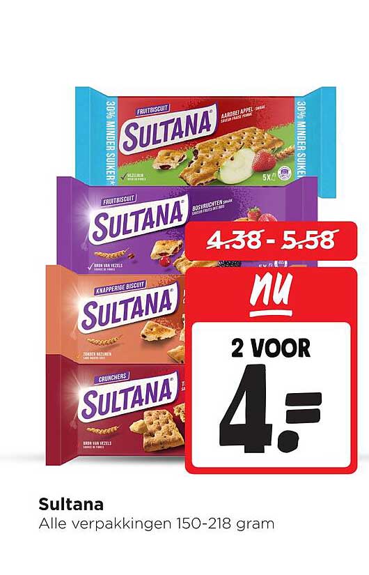 Sultana Alle verpakkingen 150-218 gram 2 voor 4.-