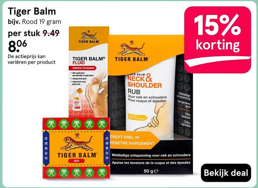Tiger Balm, bijv. Rood 19 gram 15% korting