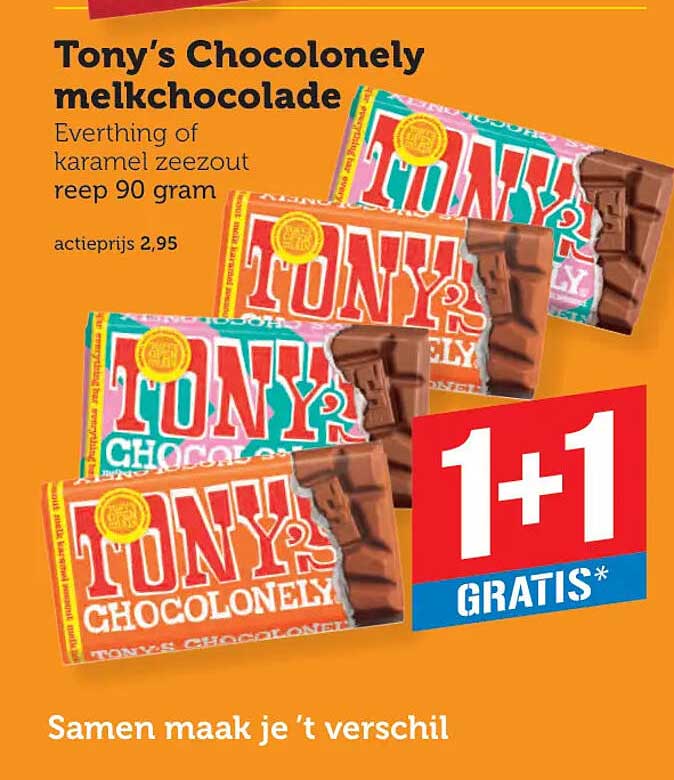 Tony's Chocolonely melkchocolade Everything of karamel zeezout reep 90 gram 1+1 gratis
