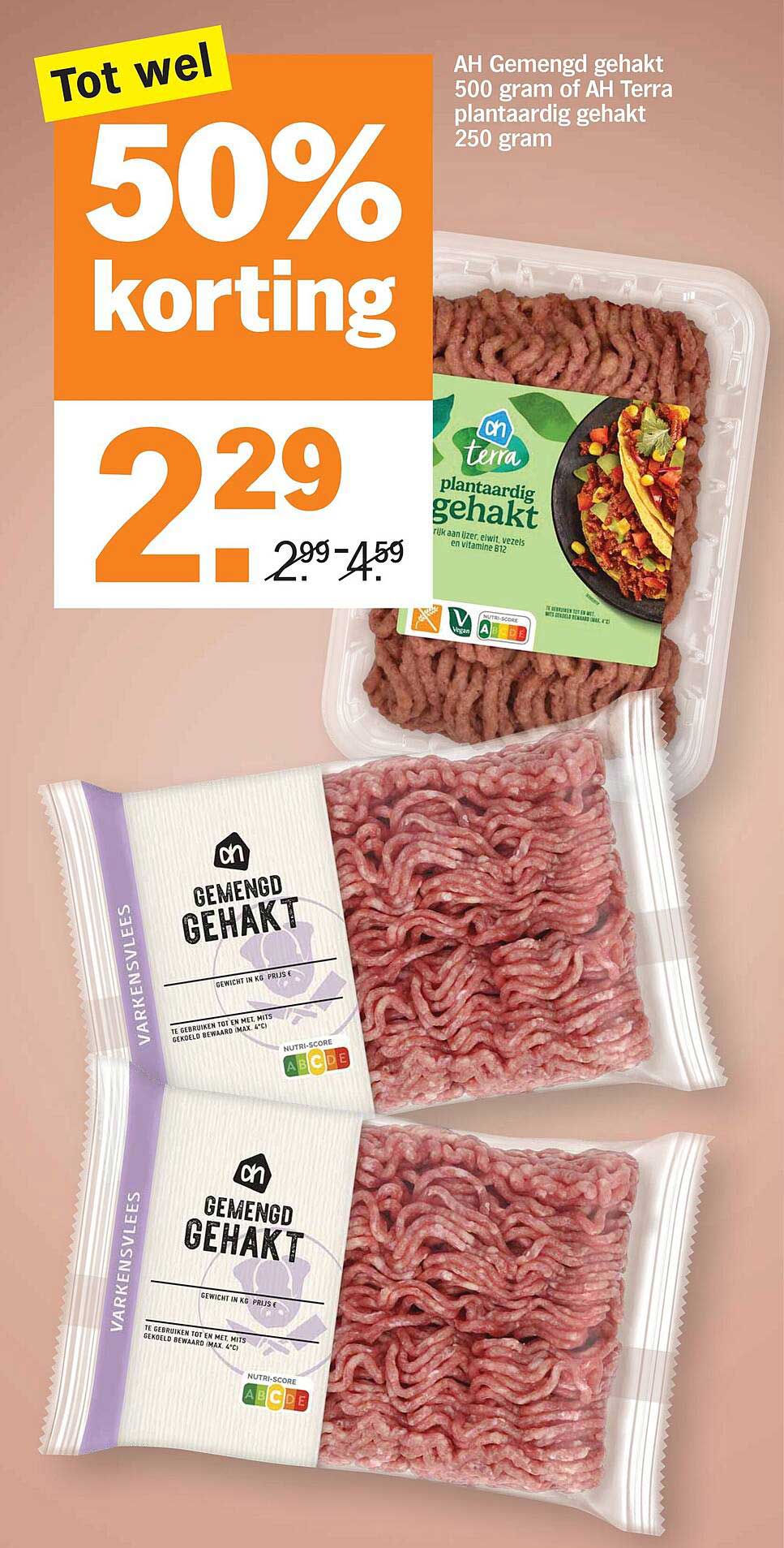 Tot wel 50% korting AH Gemengd gehakt 500 gram of AH Terra plantaardig gehakt 250 gram