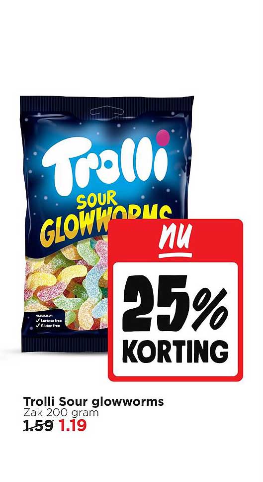 Trolli Sour glowworms 25% KORTING