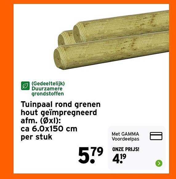 Tuinpaal rond grenen hout geïmpregneerd afm. (ØxI): ca 6.0x150 cm per stuk
