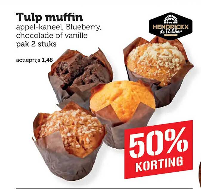 Tulp muffin appel-kaneel, Blueberry, chocolade of vanille pak 2 stuks 50% KORTING