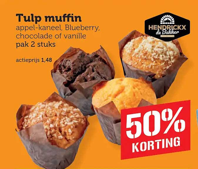 Tulp muffin appel kaneel, Blueberry, chocolade of vanille pak 2 stuks 50% KORTING