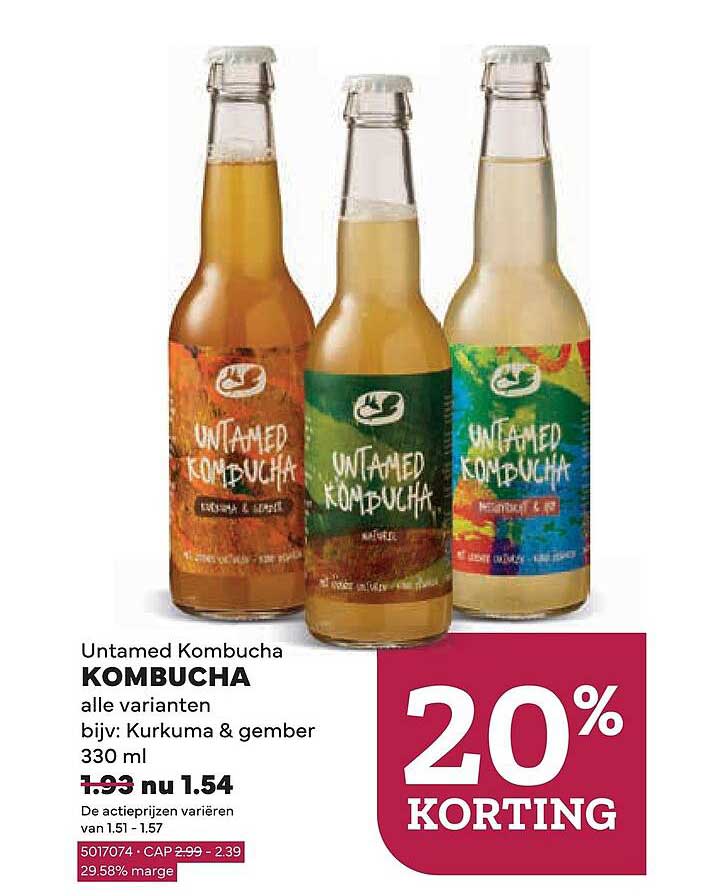 Untamed Kombucha KOMBUCHA alle varianten bijv: Kurkuma & gember 330 ml 20% KORTING
