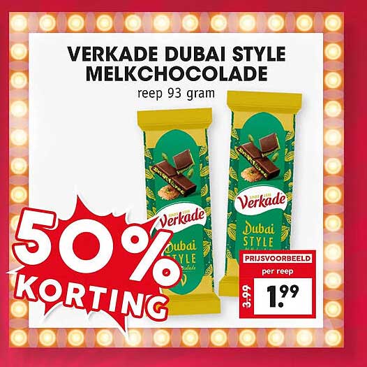 VERKADE DUBAI STYLE MELKCHOCOLADE reep 93 gram 50% KORTING