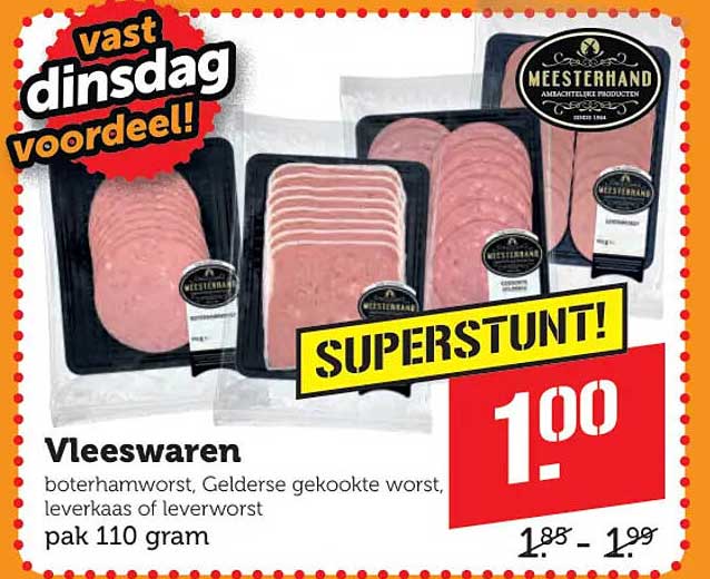 Vleeswaren boterhamworst, Gelderse gekookte worst, leverkaas of leverworst pak 110 gram SUPERSTUNT!