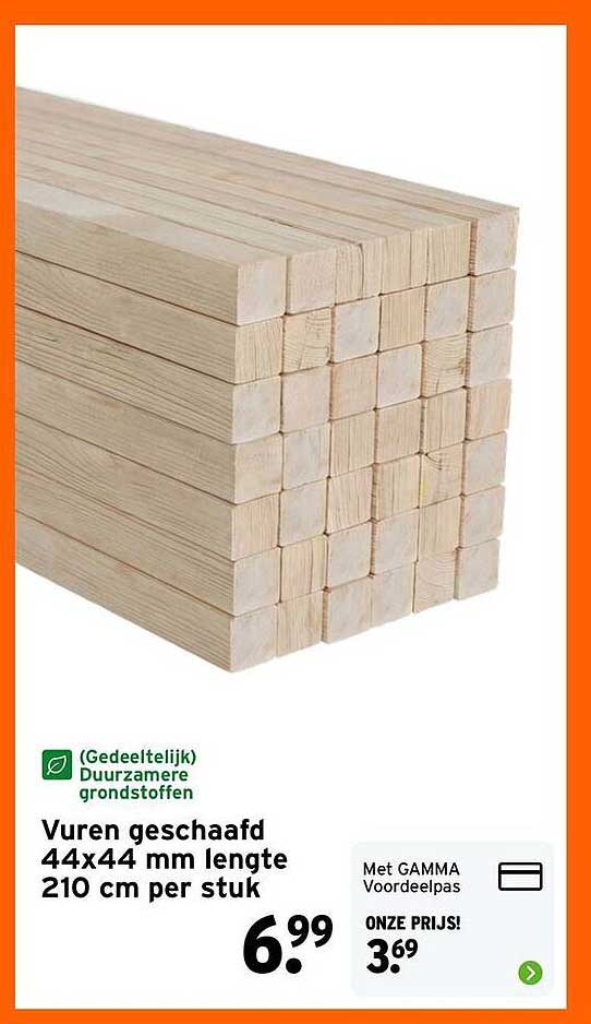 Vuren geschaafd 44x44 mm lengte 210 cm per stuk