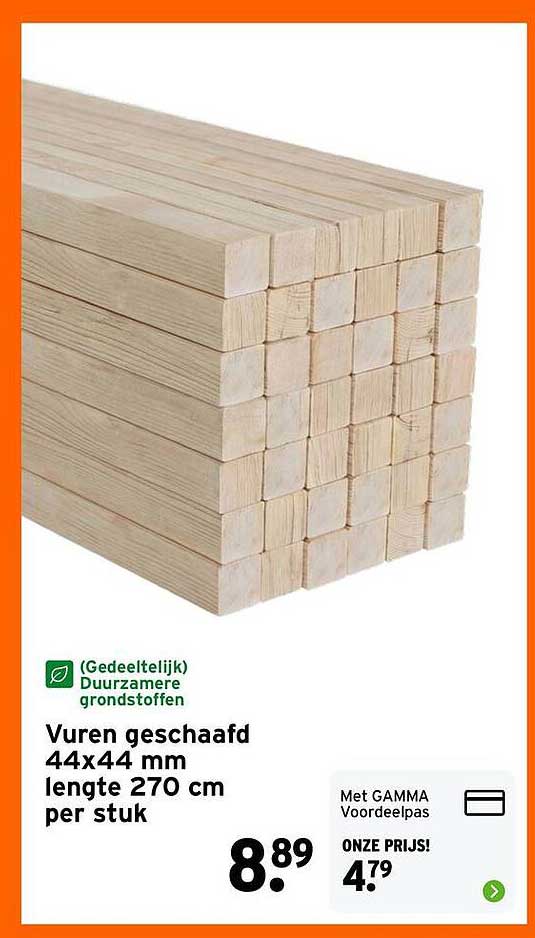 Vuren geschaafd 44x44 mm lengte 270 cm per stuk
