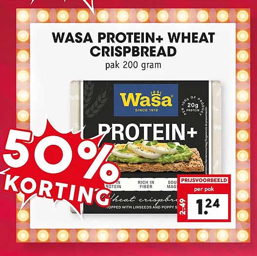 WASA PROTEIN+ WHEAT CRISPBREAD pak 200 gram 50% KORTING