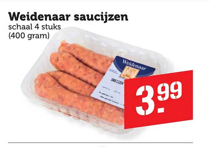 Weidenaar saucijzen schaal 4 stuks (400 gram)