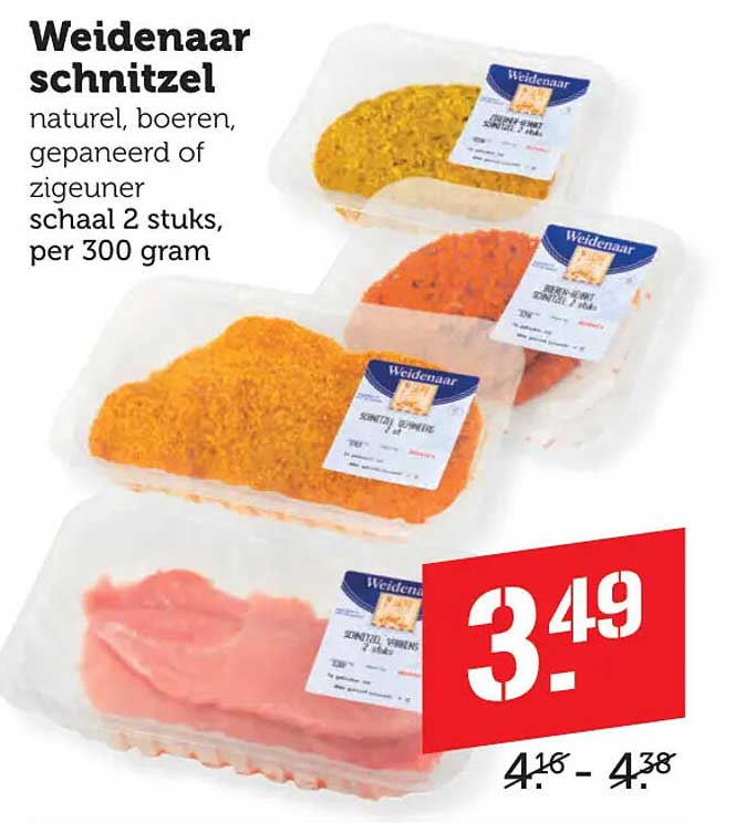 Weidenaar schnitzel naturel, boeren, gepaneerd of zigeuner schaal 2 stuks, per 300 gram