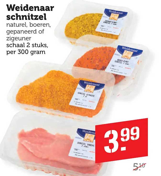 Weidenaar schnitzel naturel, boeren, gepaneerd of zigeuner schaal 2 stuks, per 300 gram