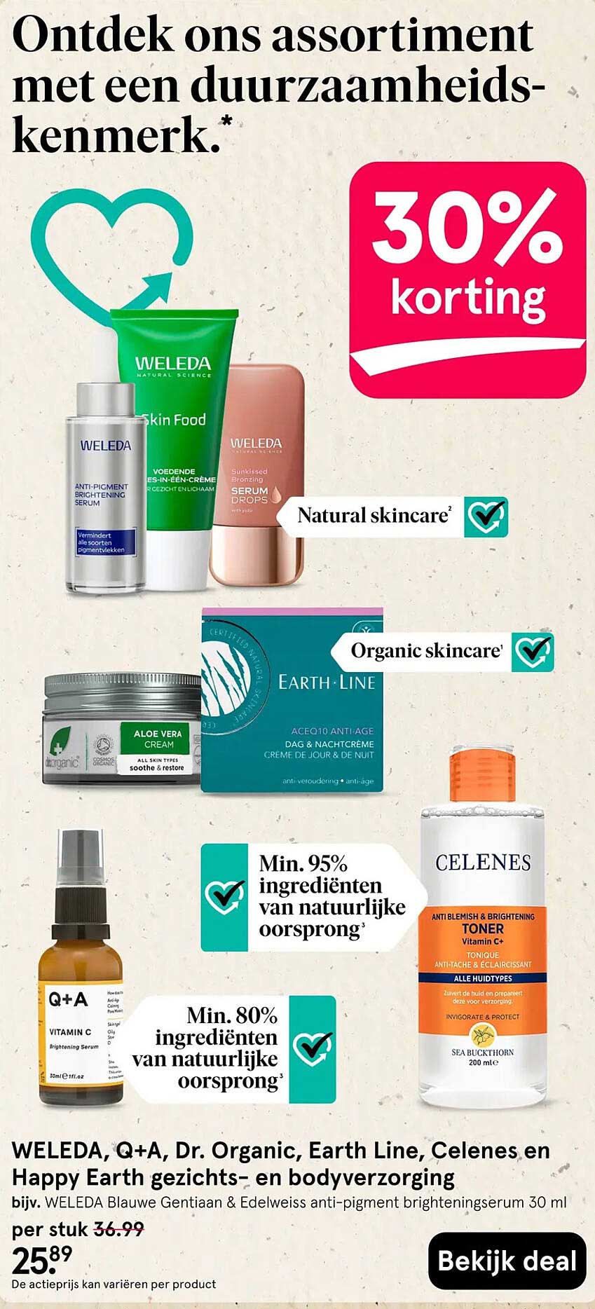 WELEDA, Q+A, Dr. Organic, Earth Line, Celenes en Happy Earth gezichts- en lichaamsverzorging 30% korting