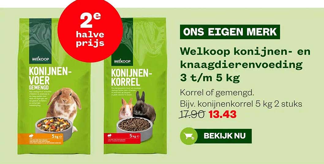Welkoop konijnen- en knaagdierenvoeding 3 t/m 5 kg 2e halve prijs