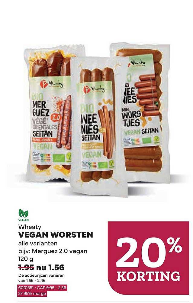 Wheaty VEGAN WORSTEN alle varianten bijv: Merguez 2.0 vegan 120 g 20% KORTING