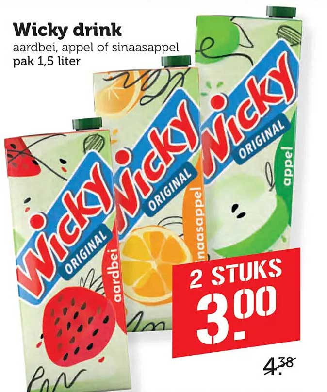 Wicky drink aardbei, appel of sinaasappel pak 1,5 liter 2 STUKS