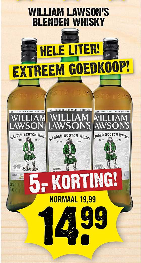 WILLIAM LAWSON'S BLENDED WHISKY HELE LITER! EXTREEM GOEDKOOP! 5.- KORTING!