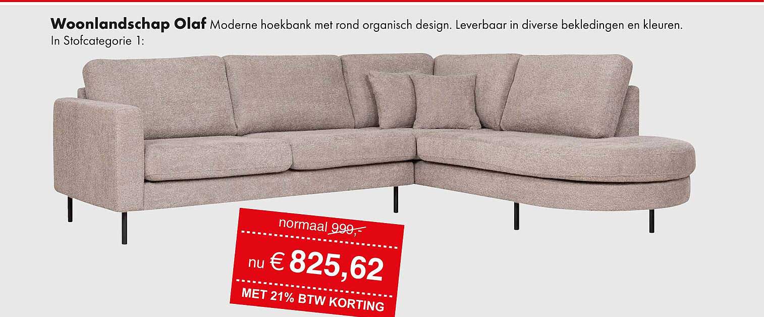 Woonlandschap Olaf Moderne hoekbank met rond organisch design. Leverbaar in diverse bekledingen en kleuren. In Stofcategorie 1: