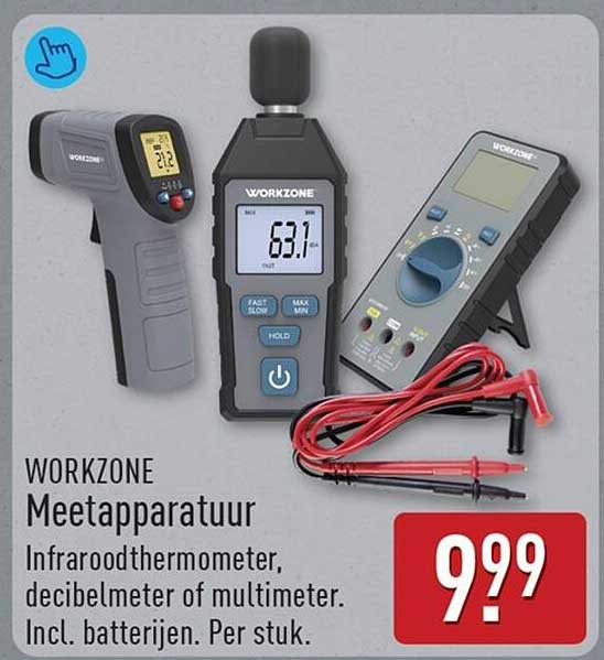 WORKZONE Meetapparatuur Infraroodthermometer, decibelmeter of multimeter. Incl. batterijen. Per stuk.