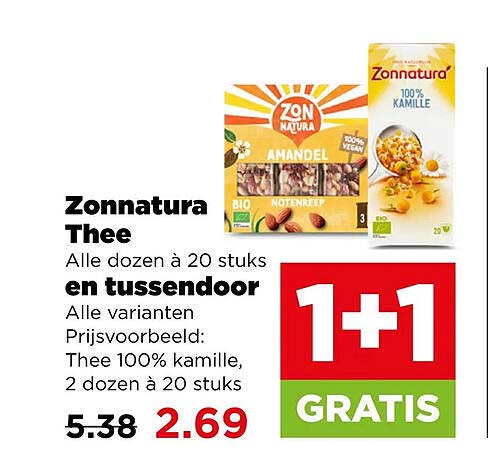 Zonnatura Thee Alle dozen à 20 stuks en tussendoor Alle varianten Prijsvoorbeeld: Thee 100% kamille, 2 dozen à 20 stuks 1+1 GRATIS