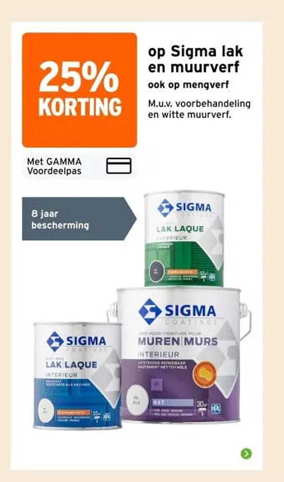 25% korting op Sigma lak en muurverf ook op mengverf