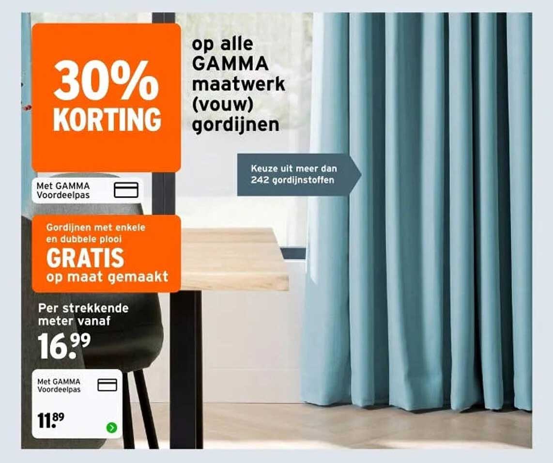 30% KORTING op alle GAMMA maatwerk (vouw) gordijnen