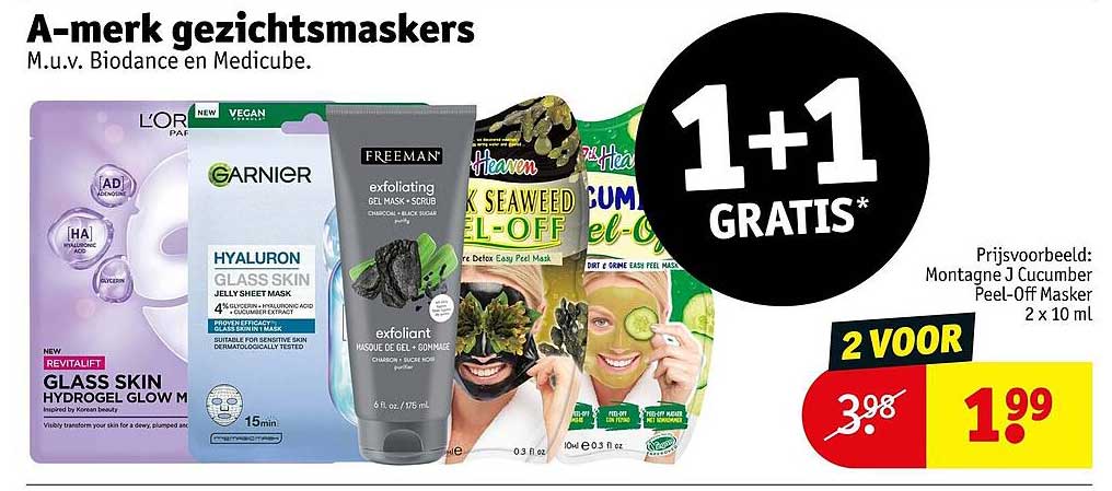 A-merk gezichtsmaskers 1+1 GRATIS*