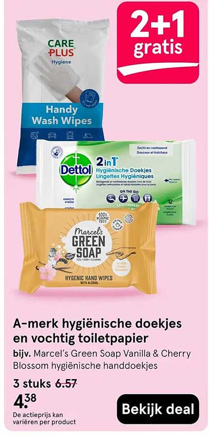 A-merk hygiënische doekjes en vochtig toiletpapier 2+1 gratis