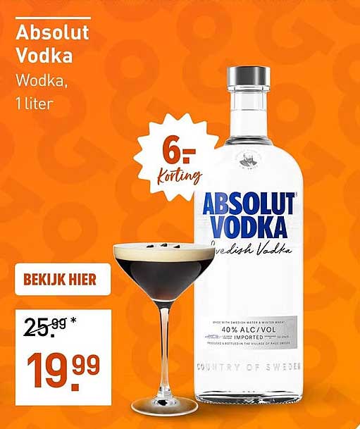 Absolut Vodka Vodka, 1 liter 6,- Korting